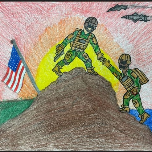  art work by student of two soldiers with US flag and planes flying above.